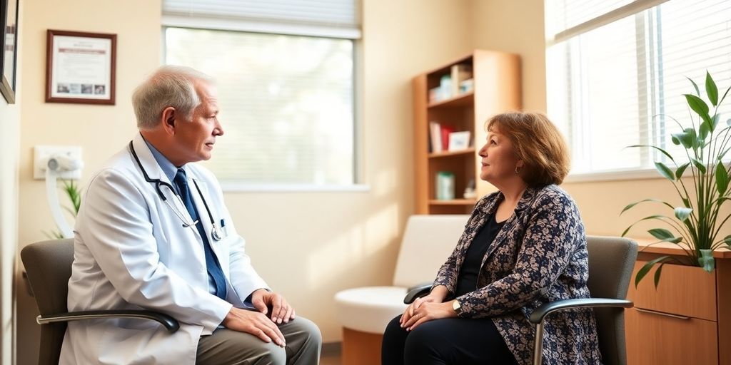 Patient und Arzt in heller medizinischer Praxis.