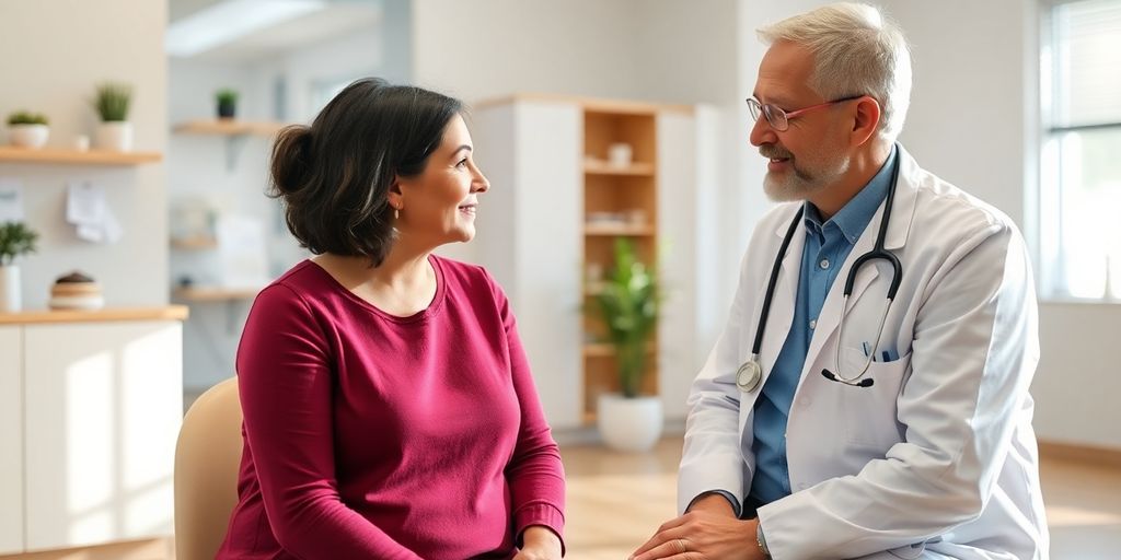 Autoimmunhämolytische Anämie: Patient und Arzt in einer hellen Arztpraxis.