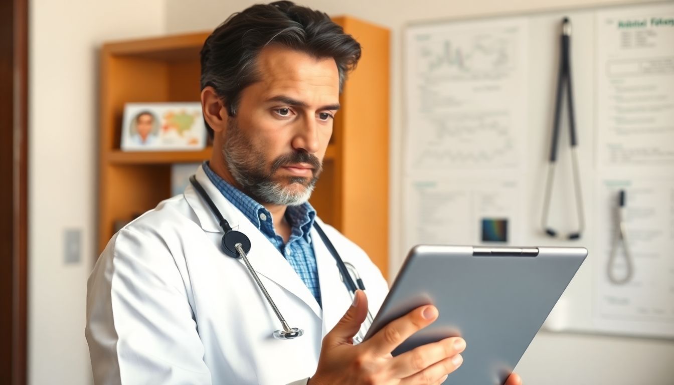 Symptome des Mittelmeerfiebers: Doctor with tablet discussing Mediterranean fever treatment.