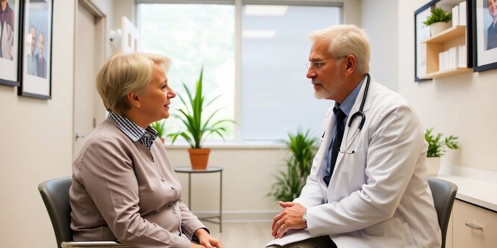 Patient und Arzt in einer hellen Arztpraxis besprechen die Prävention von Dysarthrie