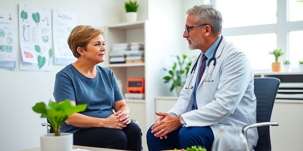 Patientin mit Eisenmangel und Arzt in der medizinischen Praxis über Ernährung.