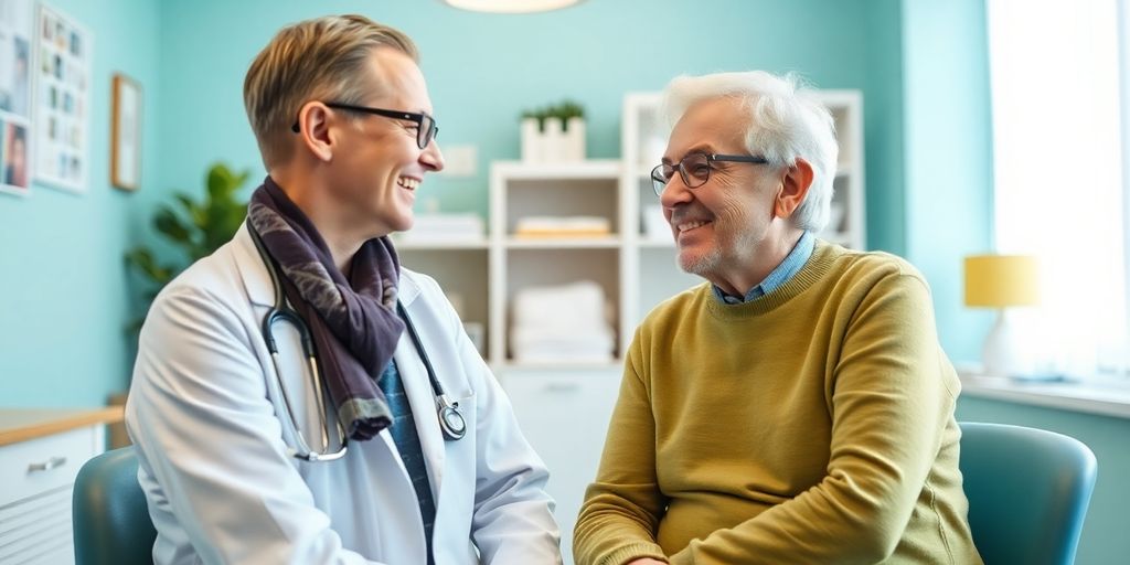 Patient mit Eisenmangel und Arzt in einer hellen Arztpraxis.