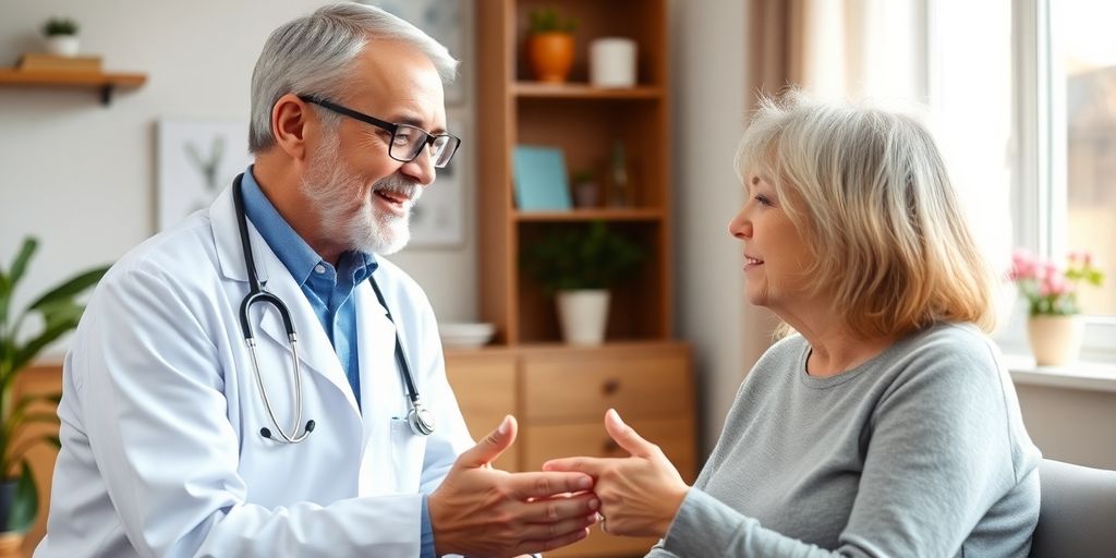 Patient und Arzt besprechen in einer hellen Arztpraxis chronische lymphatische Leukämie