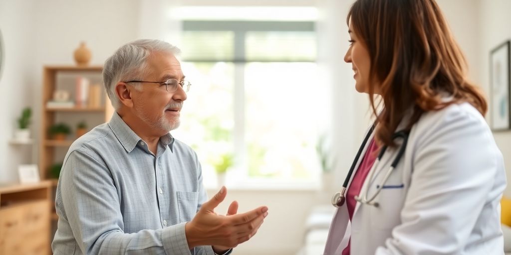 Chronische lymphatische Leukämie: Patient und Arzt in einer hellen Arztpraxis.