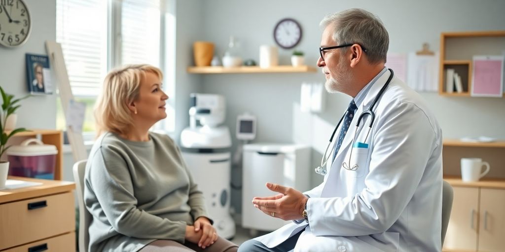 Arzt in einer hellen Arztpraxis erläutert Behandlungsmöglichkeiten für Diabetes