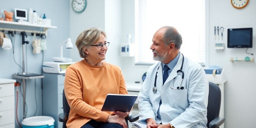 Patient und Arzt im Gespräch über Diabetes und mögliche Hilfsmittel.