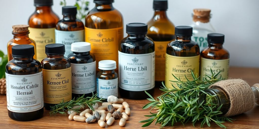 Mittelmeerfieber und alternative Therapien: Kräuter und Nahrungsergänzungsmittel auf Holztisch.