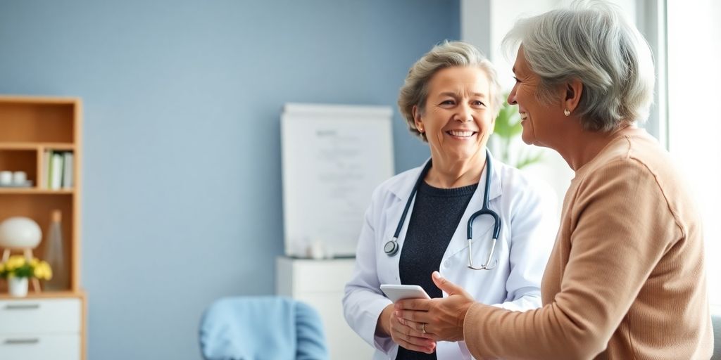 Patient und Arzt in heller Arztpraxis bei Beratung zur Demenz.