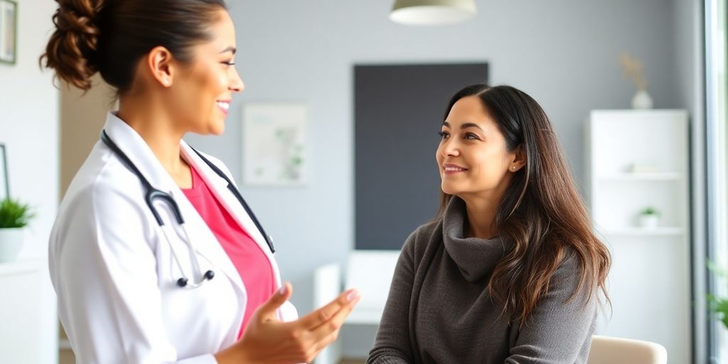 Patient und Arzt besprechen Endometriose und Lebensqualität in heller medizinischer Praxis