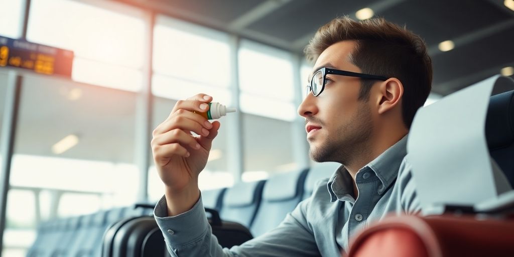 Bindehautentzündung und Reisen: Person mit Augentropfen am Flughafen