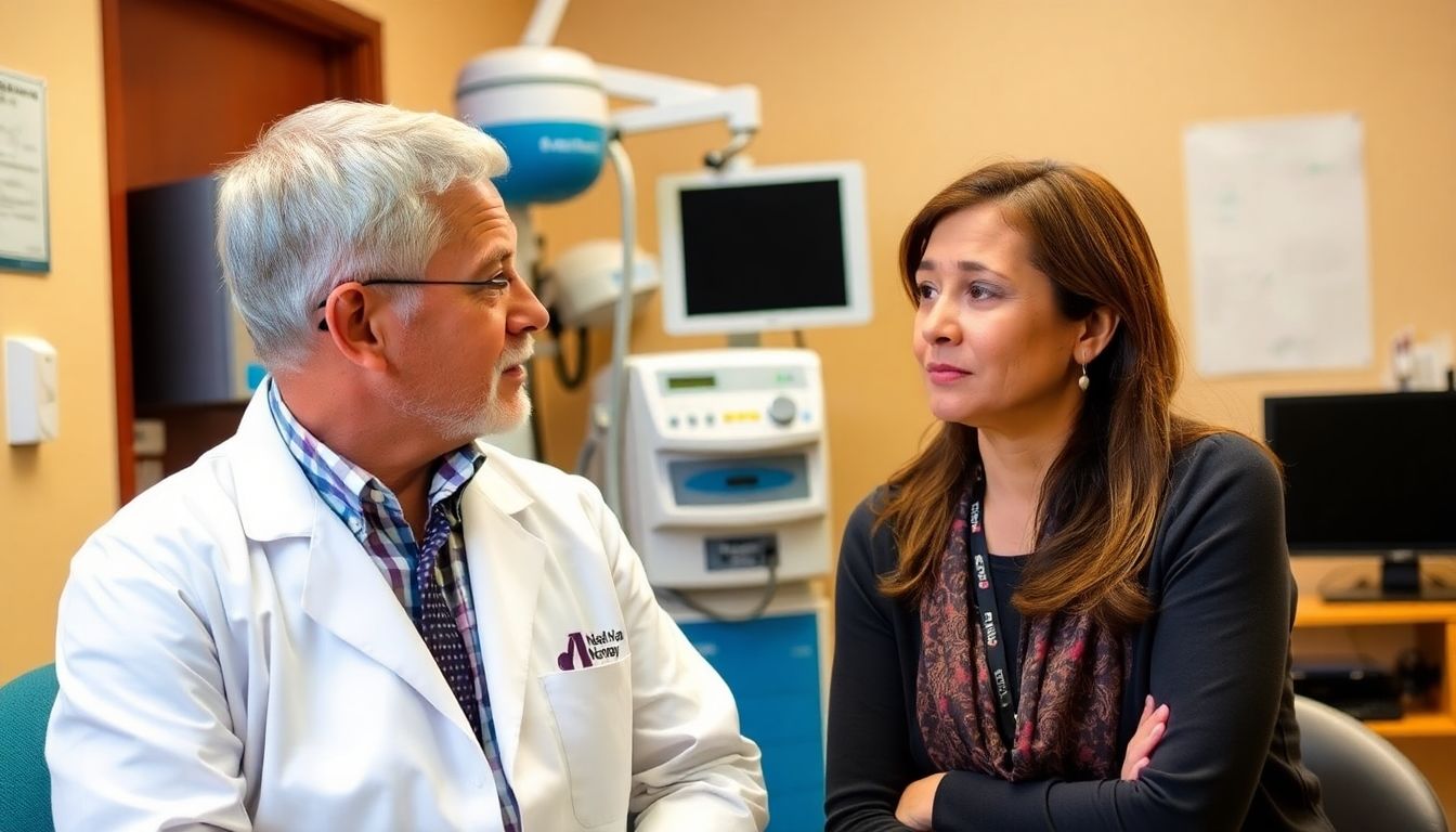 Prävention von Sandmückenfieber: Doctor consulting a woman about sandfly fever.