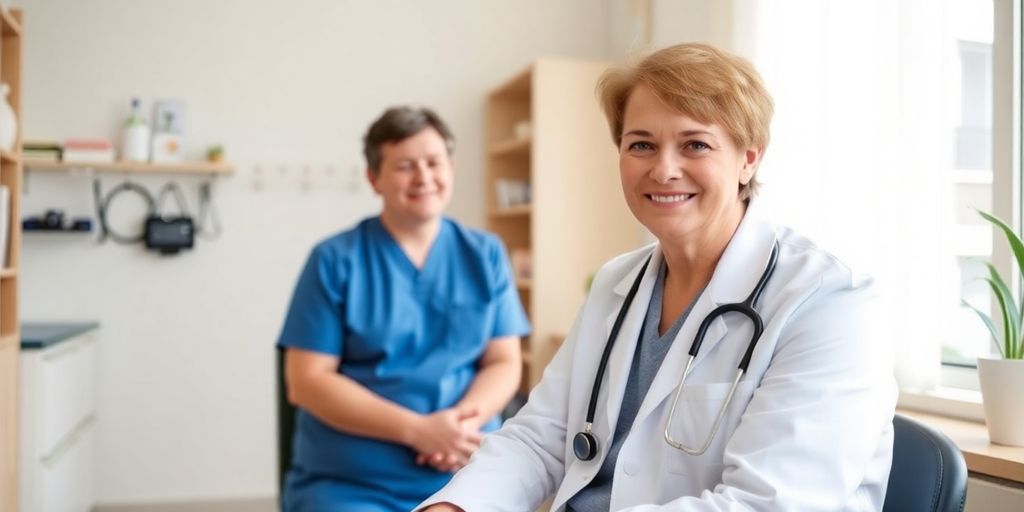 Patient und Arzt in heller medizinischer Praxis besprechen Duodenalulkus