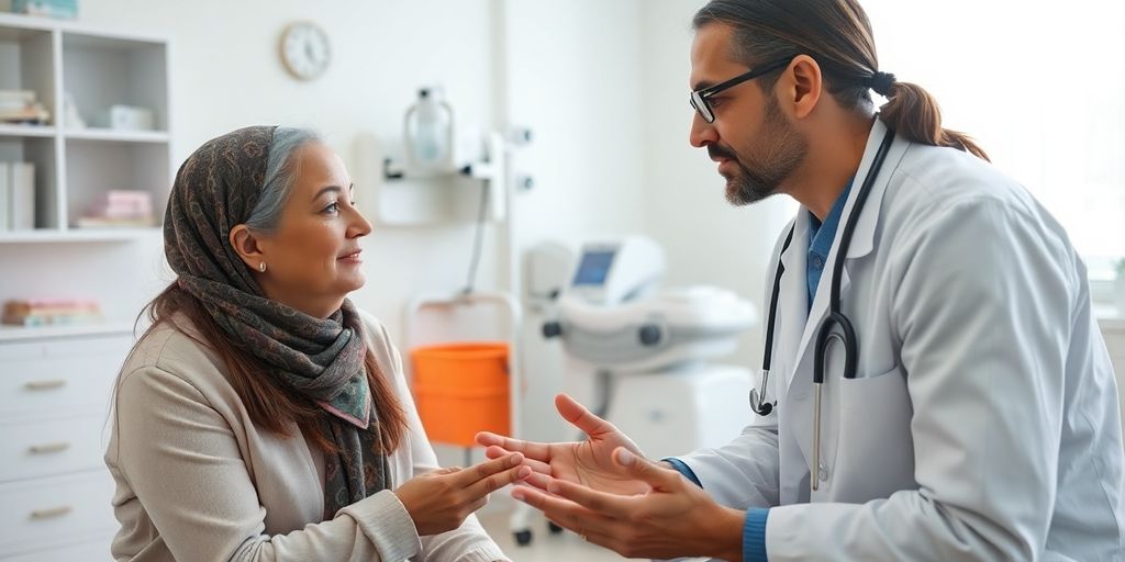 Patient und Arzt in einer hellen Arztpraxis besprechen Dengue Fieber.