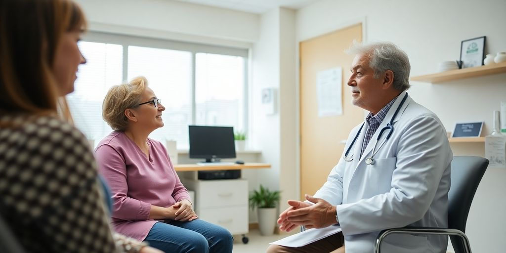 Patient und Arzt in heller Arztpraxis während Beratungsgespräch zum Thema der Therapieansätze für Clostridioides-difficile-Infektion