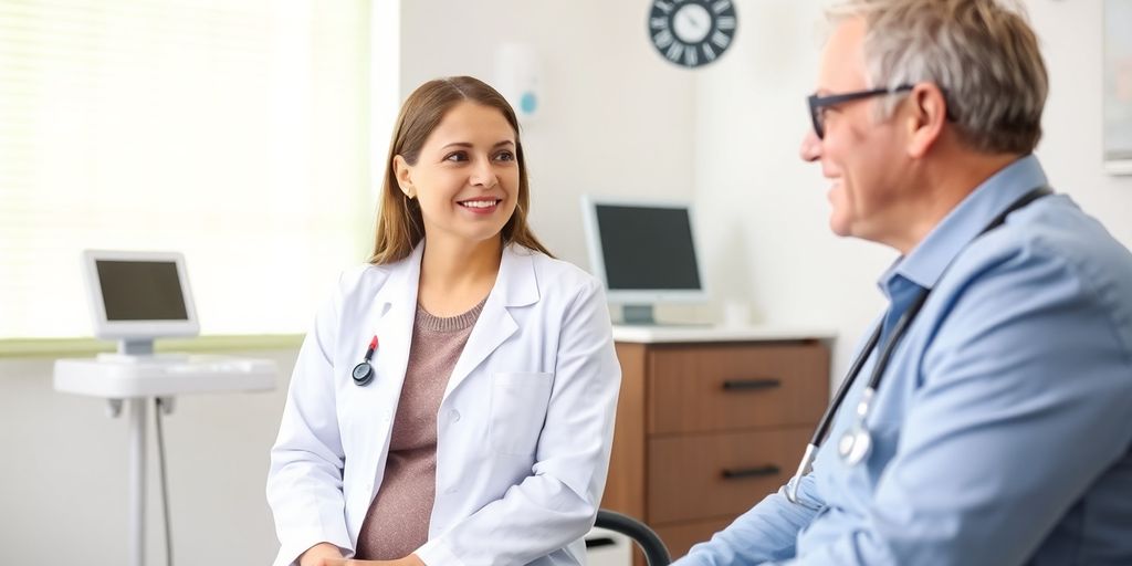 Patientin mit Eileiterschwangerschaft und Arzt in heller medizinischer Praxis.