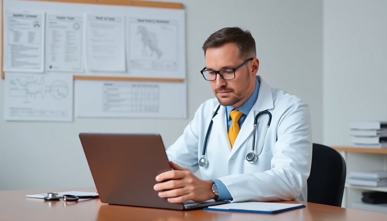 Sandmückenfieber und andere Vektorkrankheiten: Doctor with laptop researching sandfly fever symptoms.