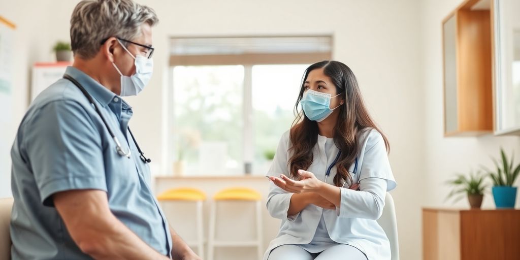 Arzt erklärt im hellen medizinischen Raum Corona und seine Auswirkungen auf die Gesundheit