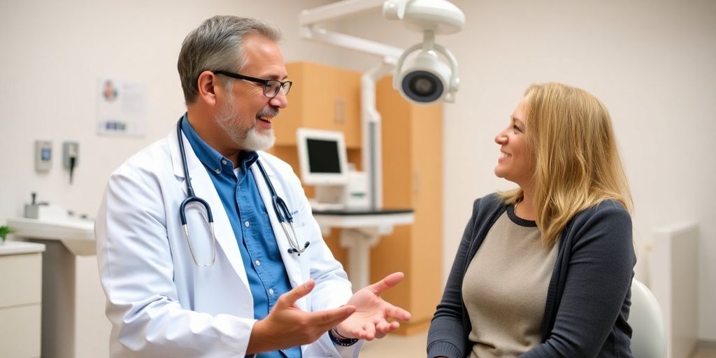 Patient und Arzt in heller medizinischer Praxis diskutieren die Behandlung vom Cushing-Syndrom