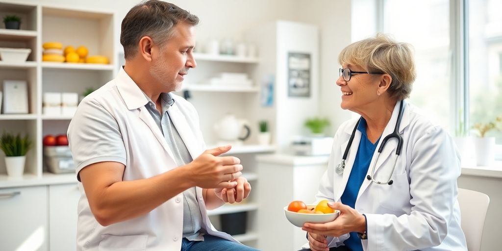 Cushing-Syndrom und Ernährung: Patient und Arzt besprechen Ernährung im medizinischen Umfeld.