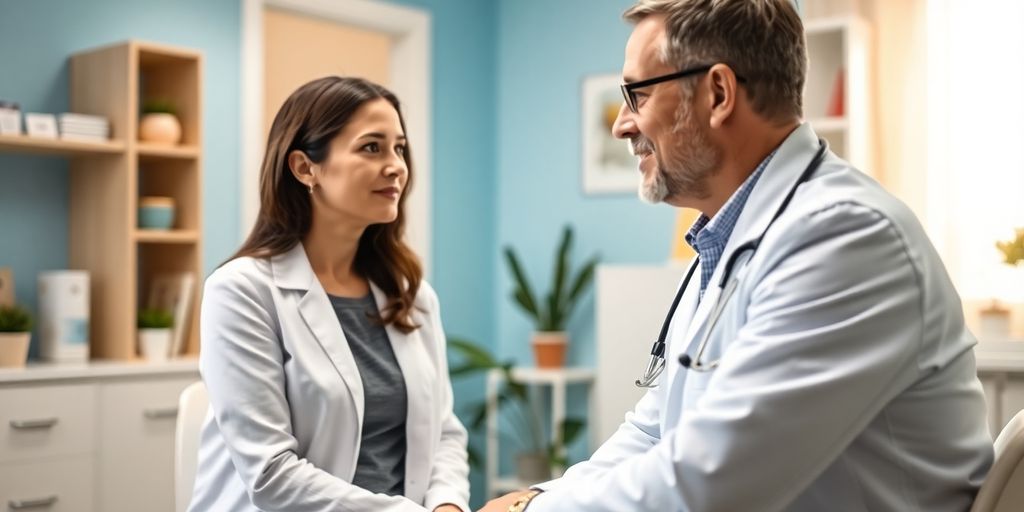 Früherkennung von Ehlers-Danlos-Syndrom: Patient und Arzt in heller medizinischer Praxis.