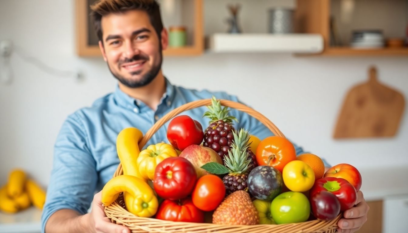 Botulismus und Ernährung: Mann mit großen Obstkorb