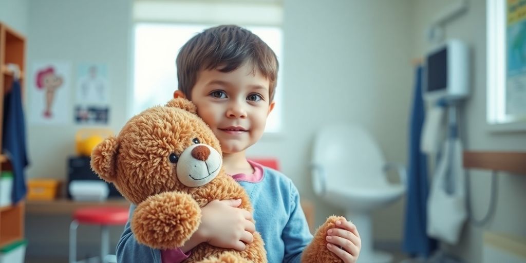 Blutarmut bei Kindern: Kind mit Teddybär in der Arztpraxis, hoffnungsvoll.