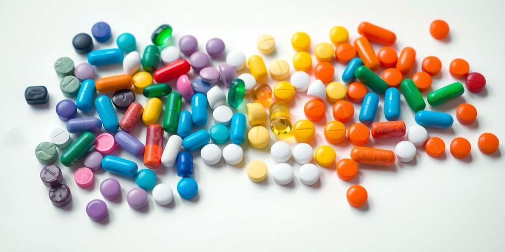 Bipolare Störung: Bunte Tabletten und Kapseln auf weißem Hintergrund.