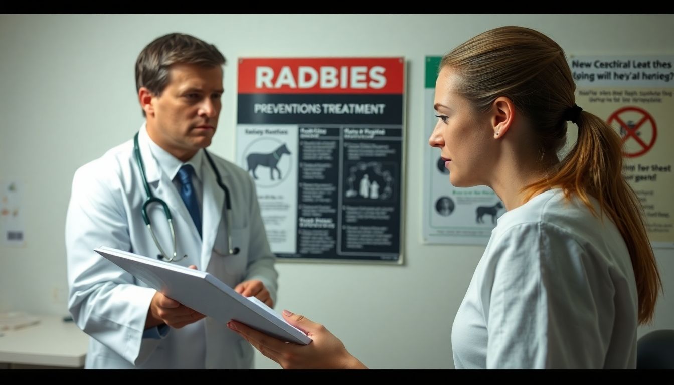 Doctor examining patient for rabies symptoms in clinic.
