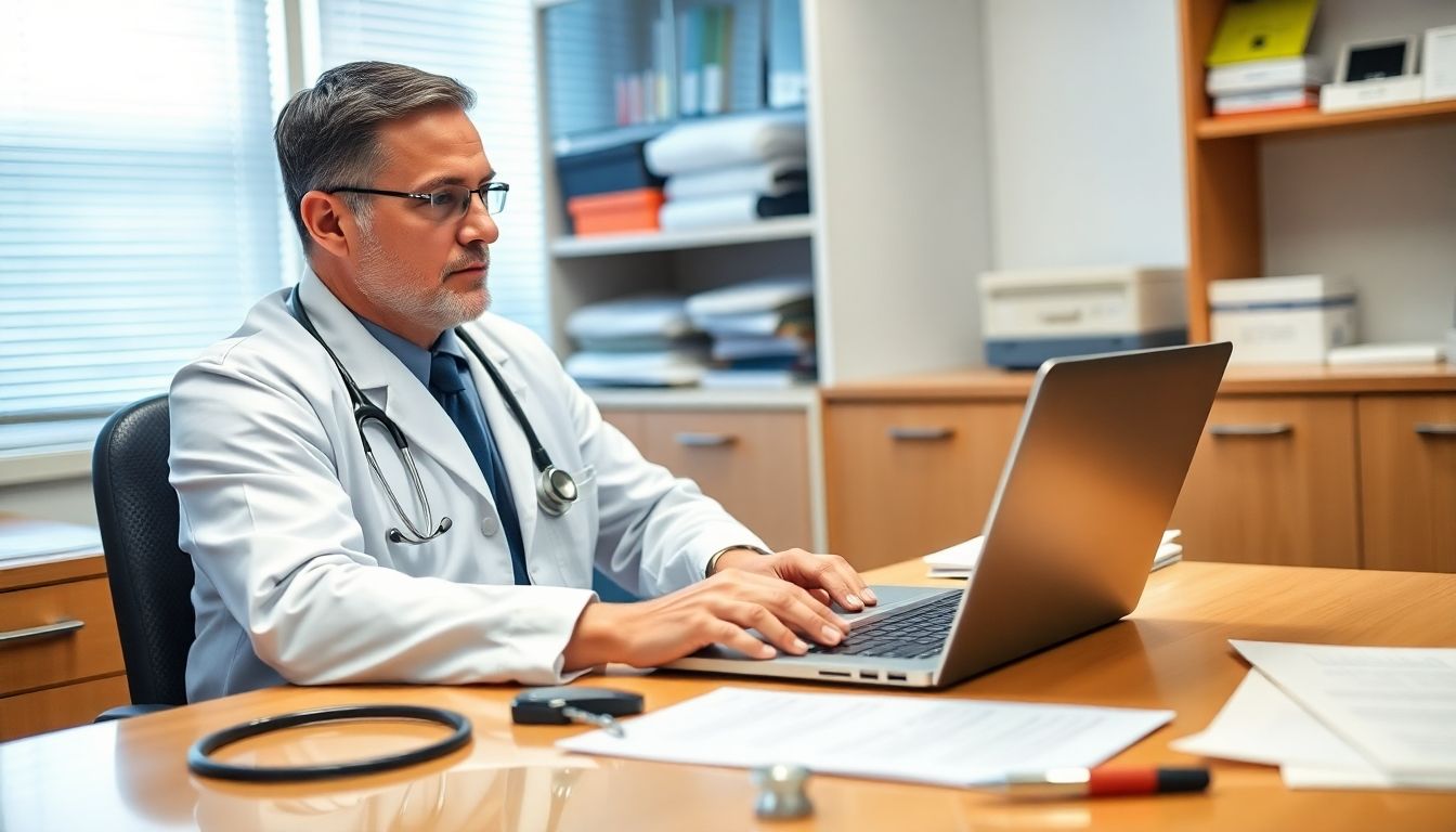 Impfstoffe gegen Rabies: Doctor with laptop in a medical office setting.