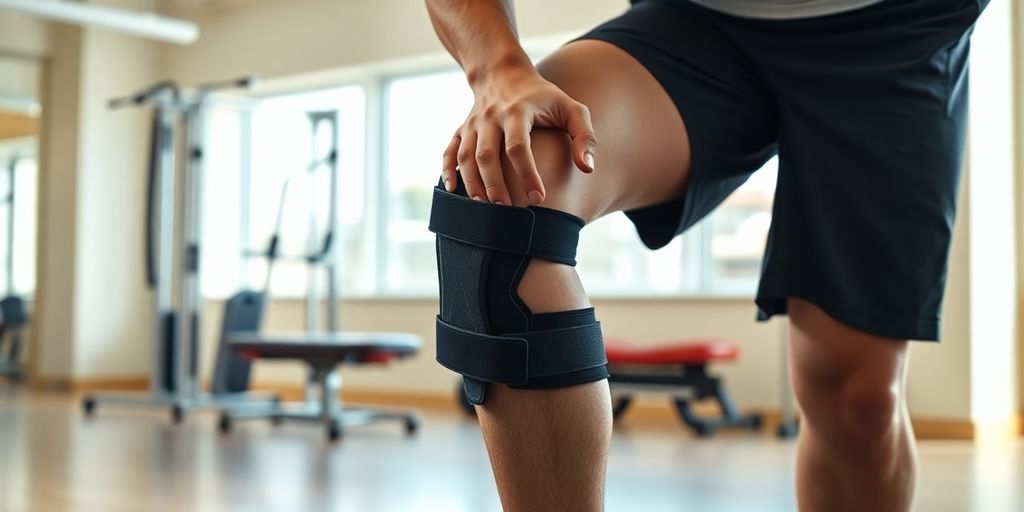 Bänderdehnung: Junger Athlet mit Knieschiene bei der Physiotherapie