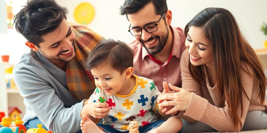 Familie mit autistischem Kind in spielerischer Umgebung.