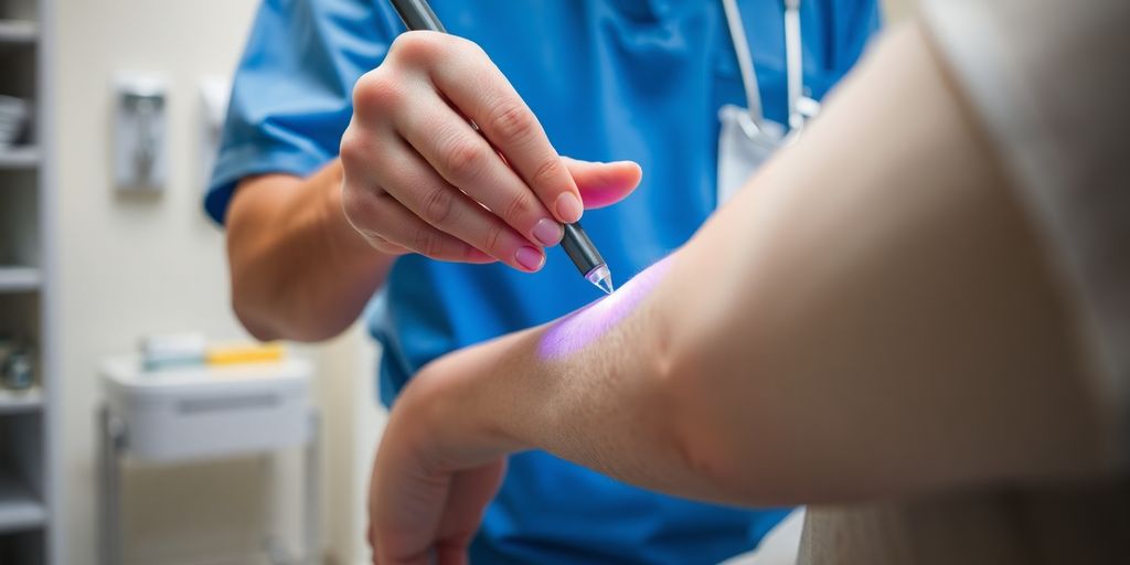 Pflegekraft untersucht sorgfältig eine Wunde des Patienten.