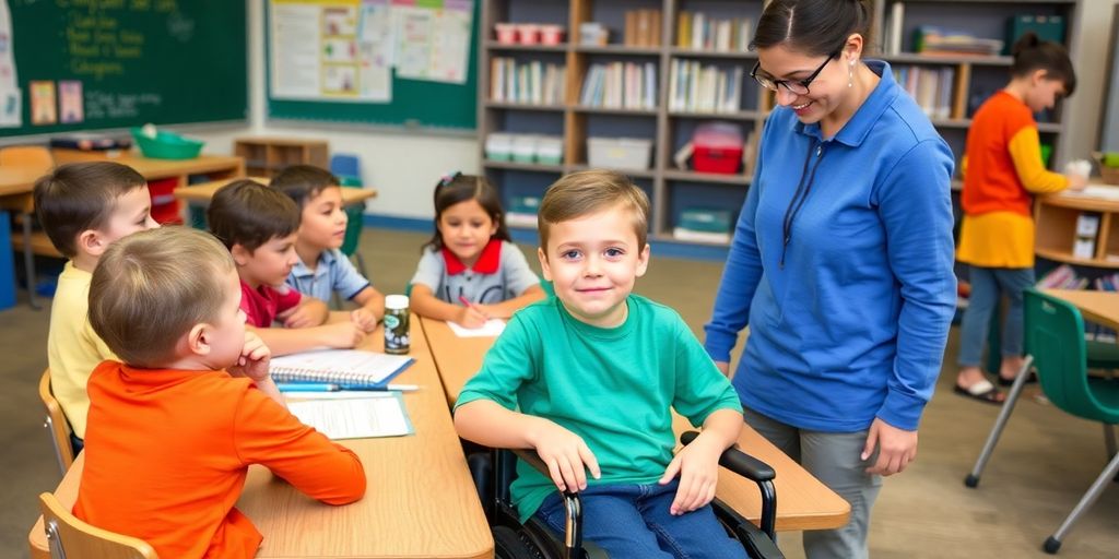 Becker-Muskeldystrophie und Schule: Inklusives Klassenzimmer mit Schülern und Lehrern.