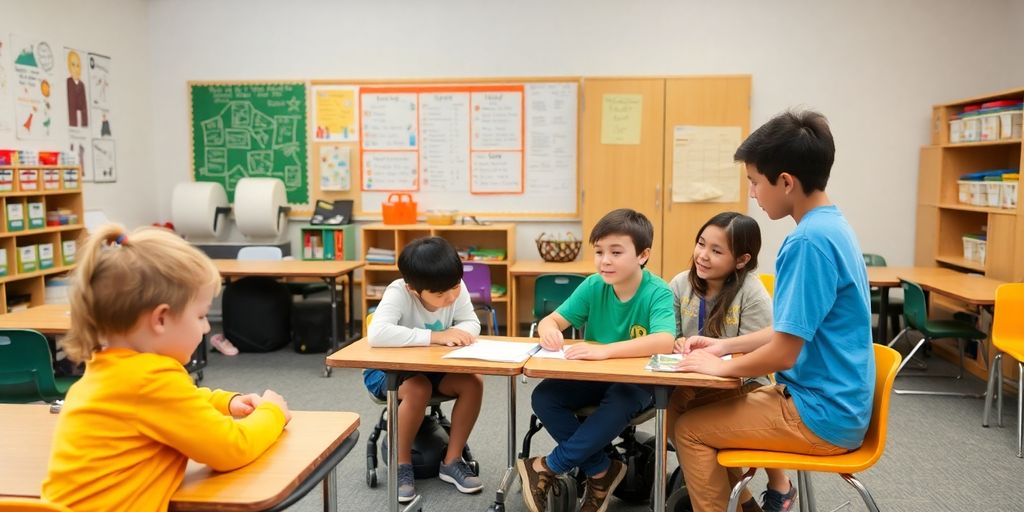Ataxie und Schulbildung: Klasse mit Schülern, die gemeinsam lernen und arbeiten.