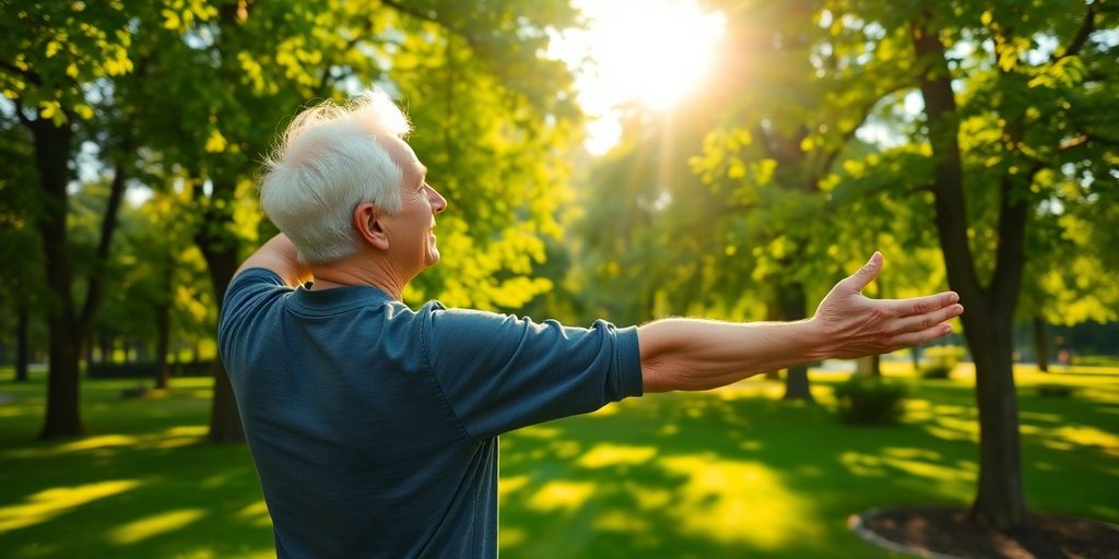 Arthrose: Ältere Person dehnt sich in einem sonnigen Park.