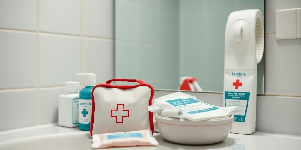 Reinigung und Pflegeprodukte für Analfissuren im Badezimmer.