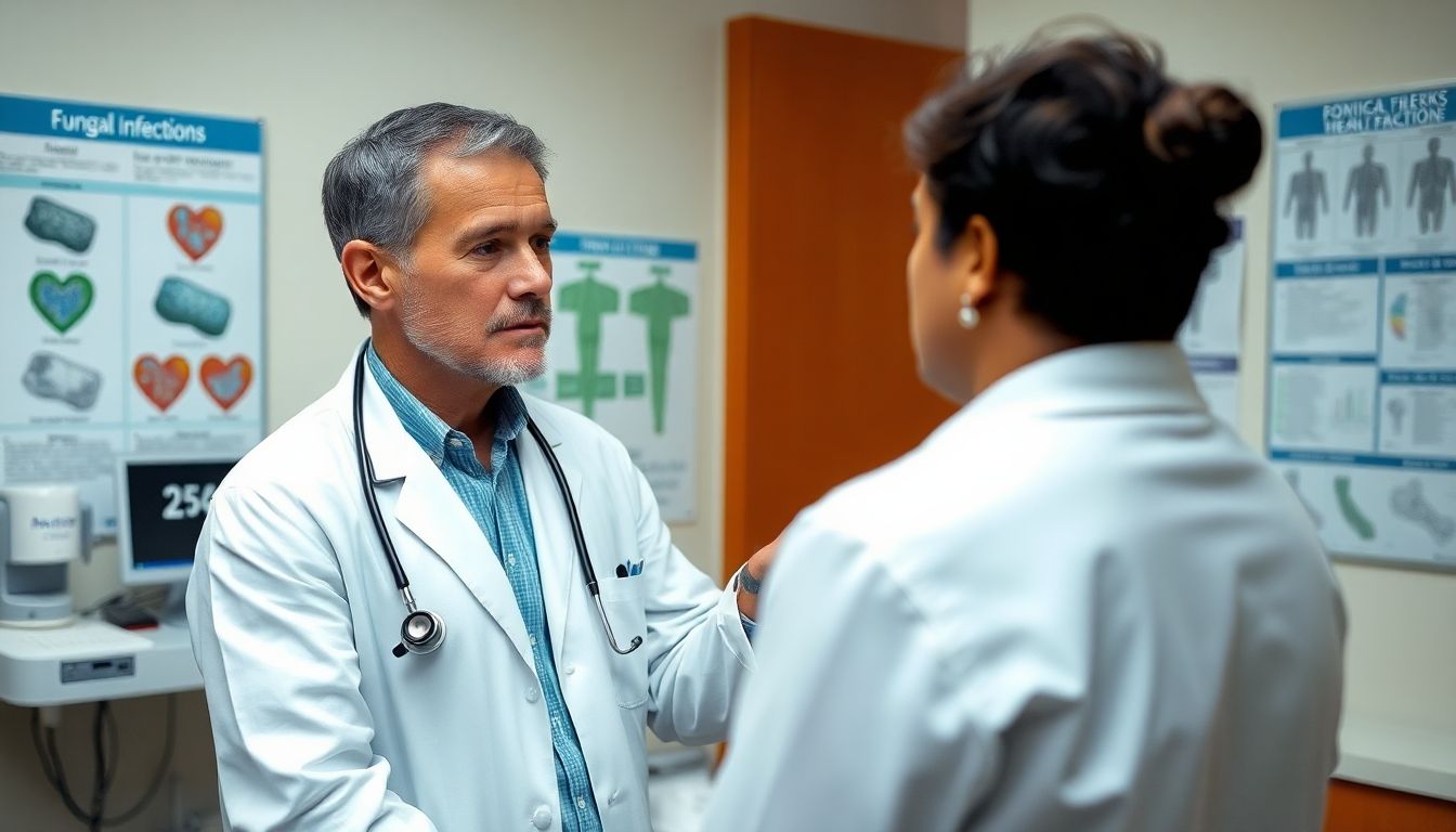 Prävention der Kokzidioidomykose: Doctor examining a patient for respiratory health issues.