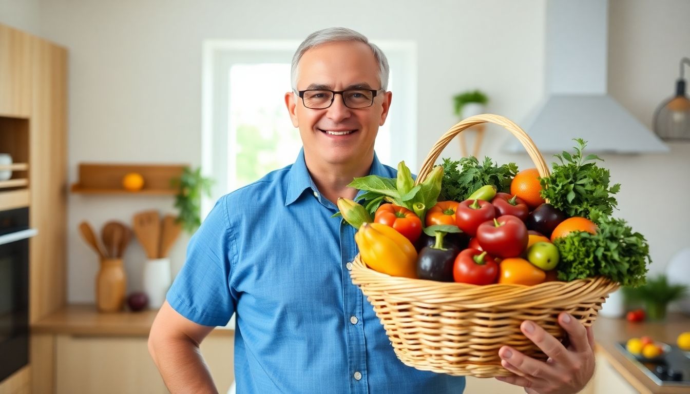 Aortenstenose und Lebensstiländerungen: Mann mit großem Obstkorb