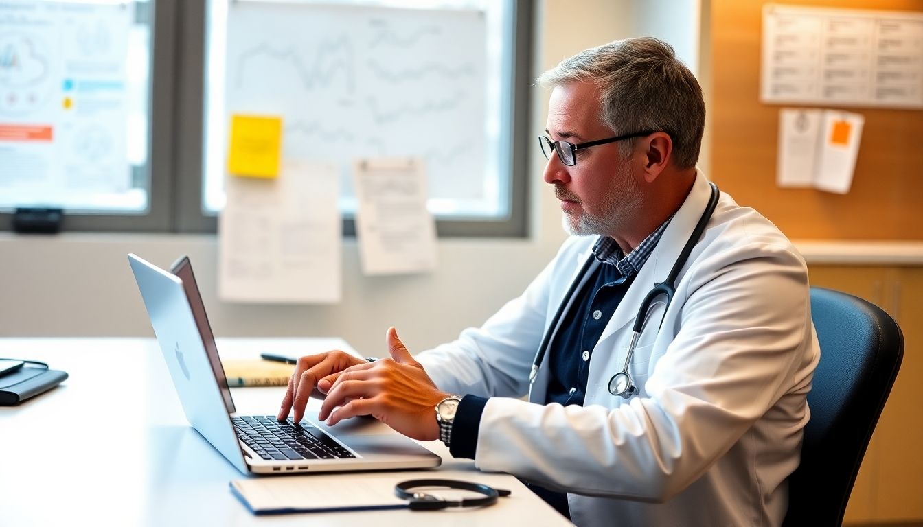 Prävention von Pertussis: Doctor at laptop researching pertussis treatment options.