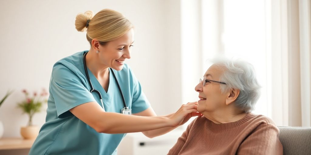 Pflegekraft hilft älteren Patienten in ruhiger Umgebung.