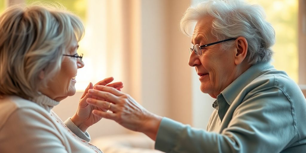 Pflegekraft interagiert freundlich mit älterer Person.
