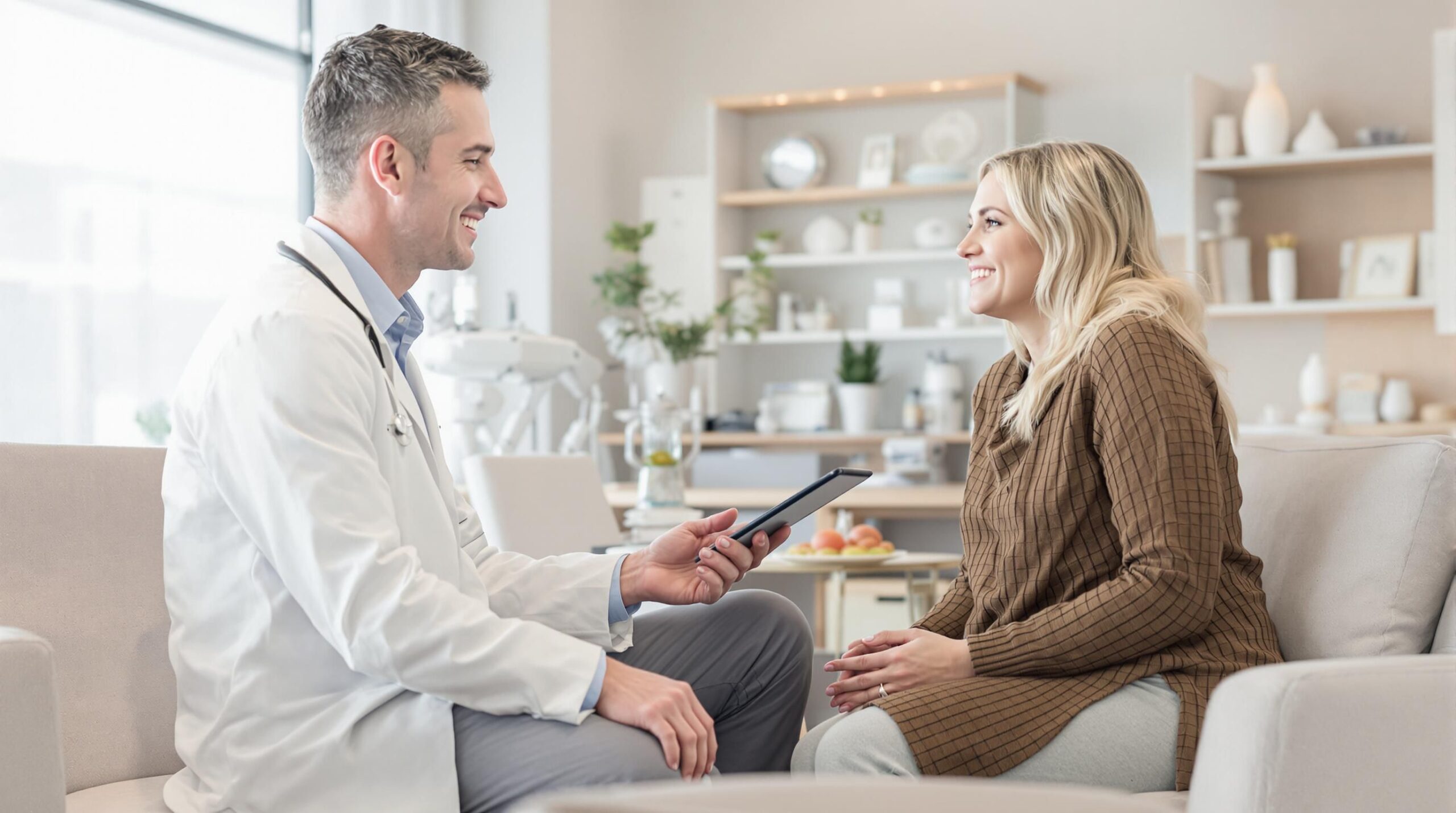 Arzt erklärt einer Patientin die Ursachen und Risikofaktoren von Akne inversa
