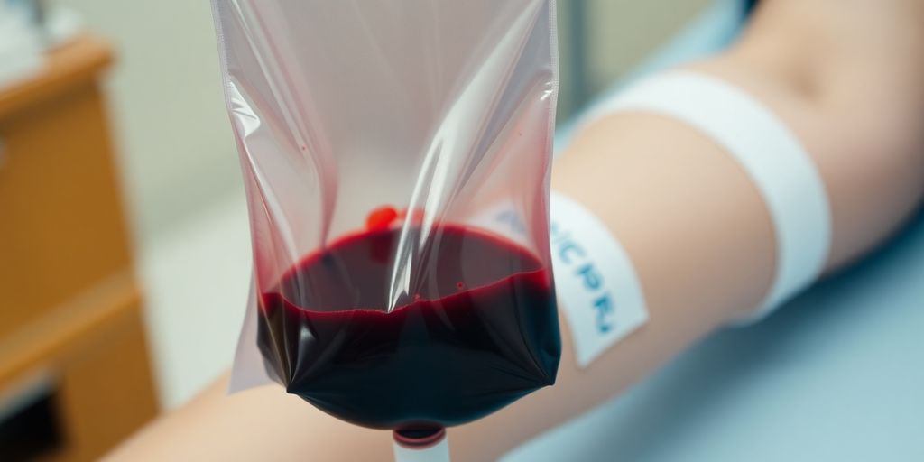 Besondere Aspekte der Bluttransfusion: Blutbeutel wird per Infusion verabreicht