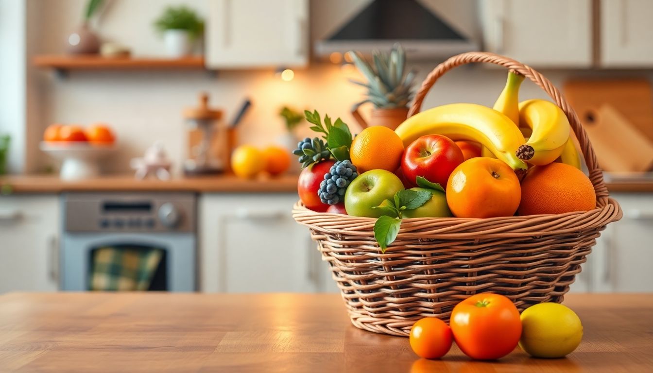 Parvovirus und Ernährung: Colorful fruit basket in a cozy kitchen setting.