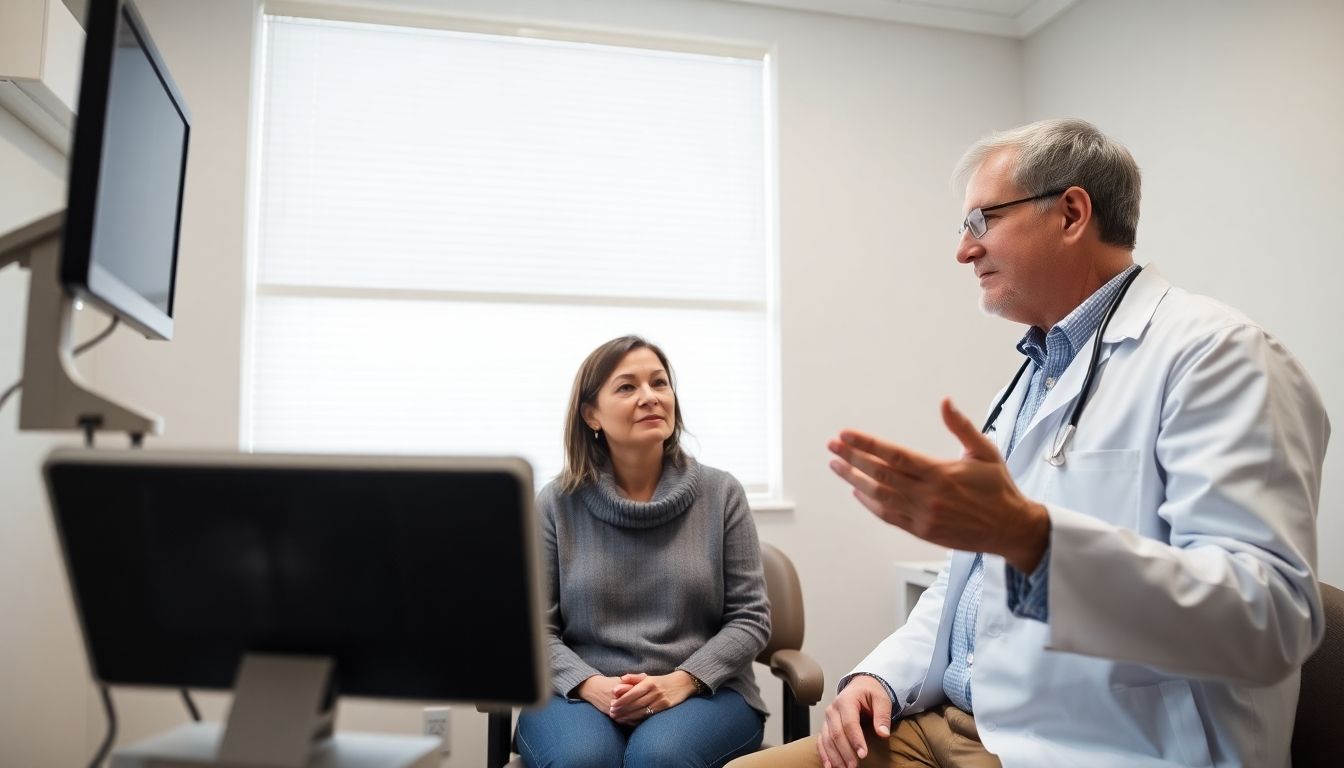 Ultraschalltherapie: Doctor and patient discussing ultrasound therapy in a bright practice.
