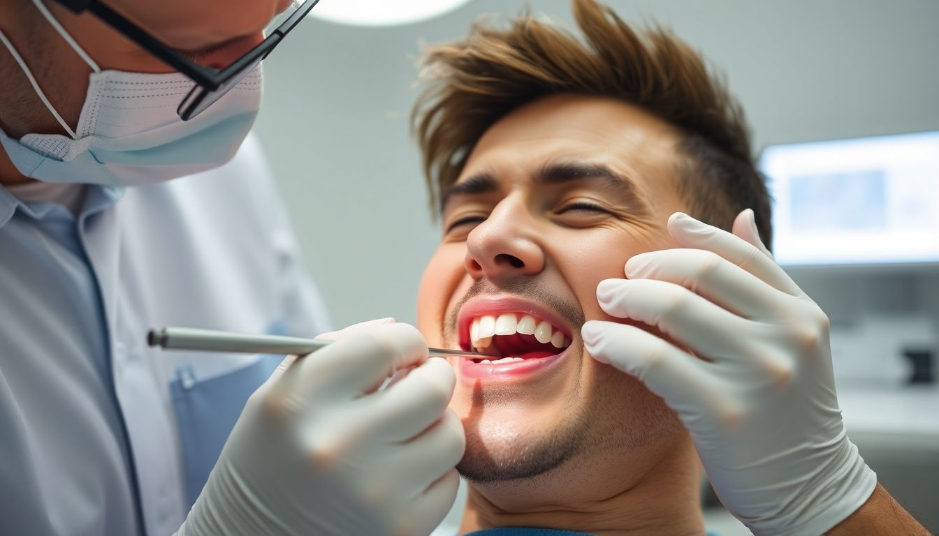 WurzelbehandlungZahnarzt untersucht einen Patienten mit Zahnschmerzen.