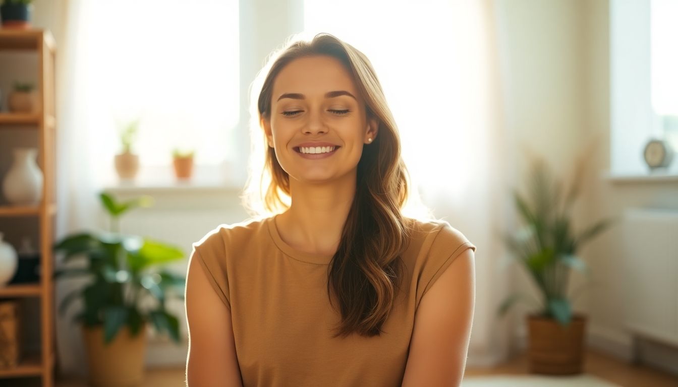 Reiki im Alltag: Lächelnde Frau in hellem, gemütlichem Raum, die sich entspannt fühlt.