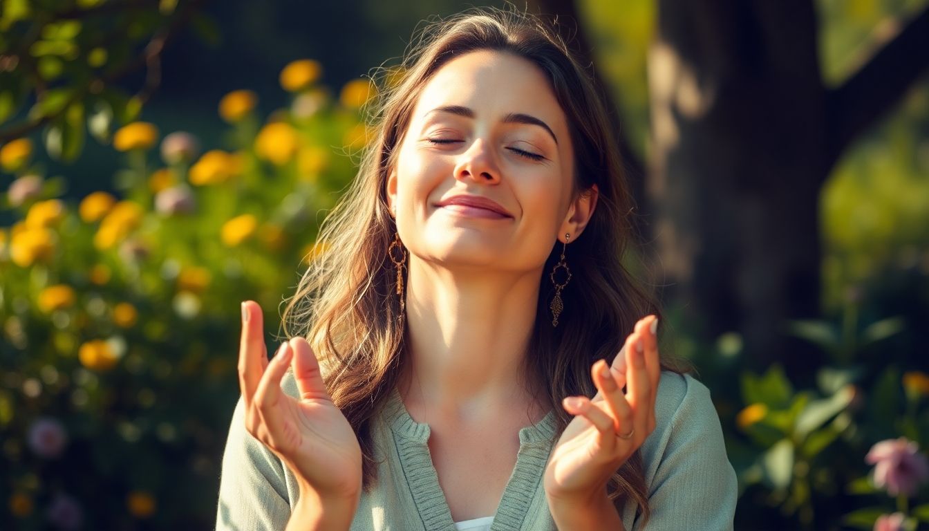 Reiki: Frau lächelt entspannt in einer hellen, ruhigen Umgebung.