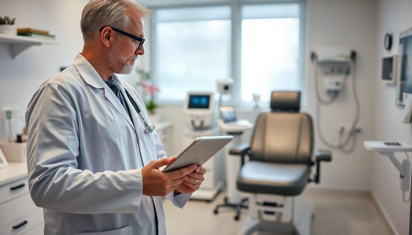 Ohren anlegen: Arzt mit Tablet in heller Praxisumgebung
