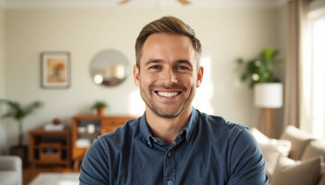 Ohrenkorrektur: Man smiling contentedly in a cozy living room.